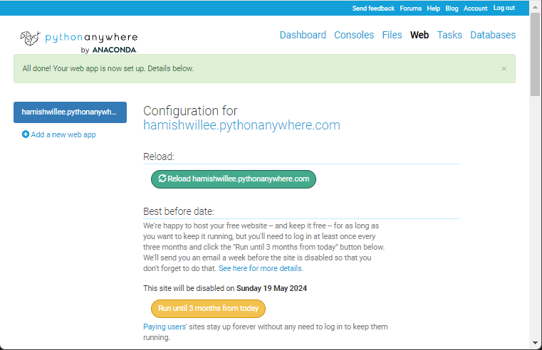 Konfigurierte PythonAnywhere-Web-App
