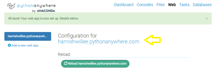 PythonAnywhere-Webbildschirm mit hervorgehobenem Link zum Starten der Website