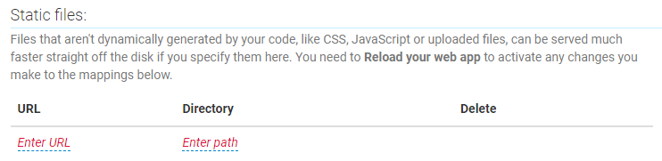 PythonAnywhere-Abschnitt Static files im Tab Web