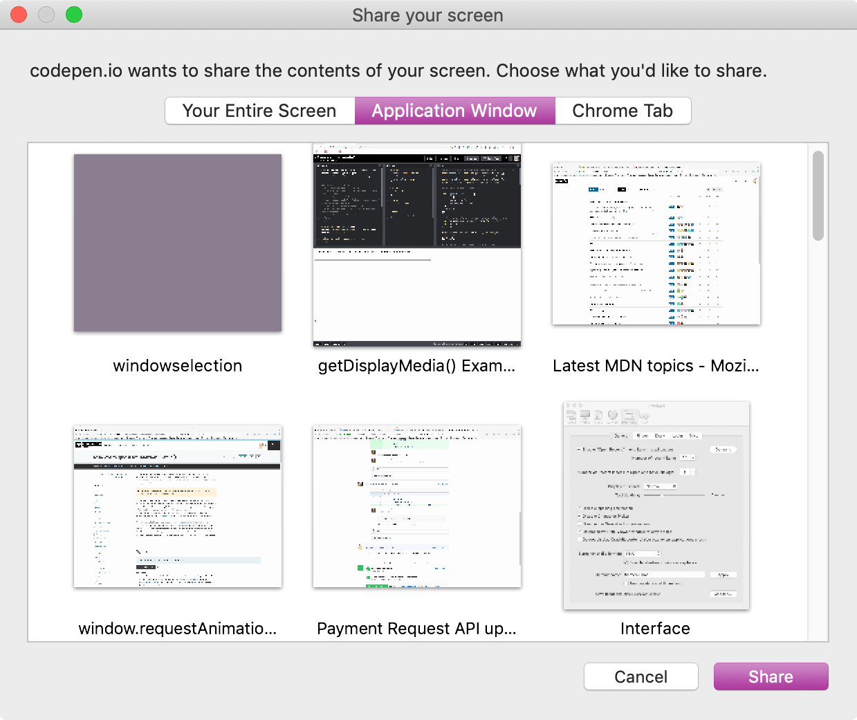 Screenshot des Chrome-Fensters zur Auswahl einer Quellfläche