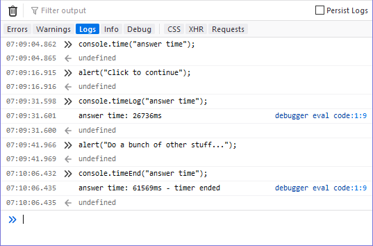 Firefox コンソールにおけるタイマー出力