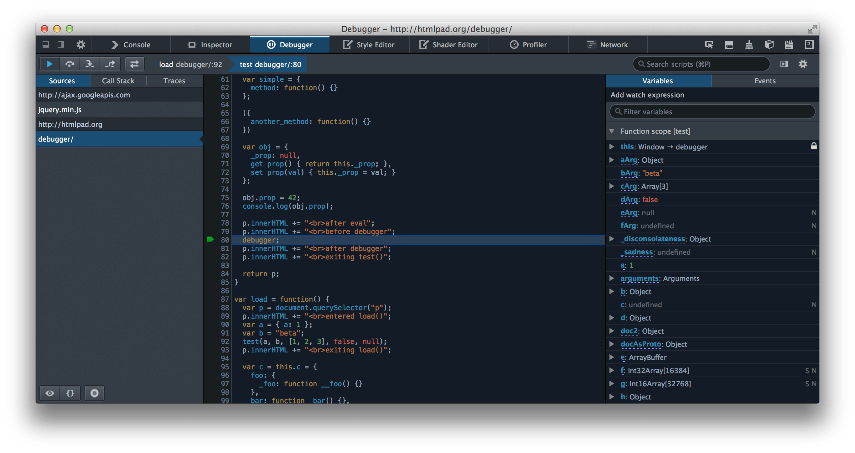 Ein Browser mit geöffneten Entwicklerwerkzeugen im Debugger-Panel zeigt, wie die Ausführung an der debugger-Anweisung angehalten wird, um eine genaue Untersuchung von Variablen, Bereichen, Ereignissen usw. zu ermöglichen.